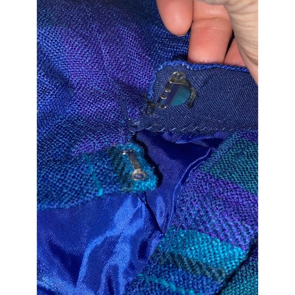 Women's Vintage Tanner Sport Blue Green Plaid Wool Zip Pencil Skirt Size 12 - Picture 11 of 12